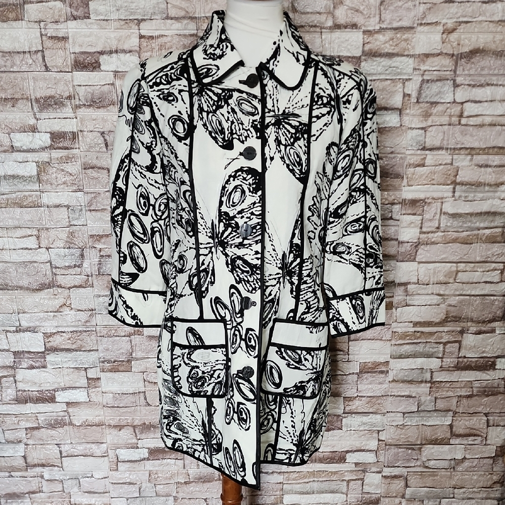 Chico's Black and White Patterned Coat Jacket Dancing Butterfly